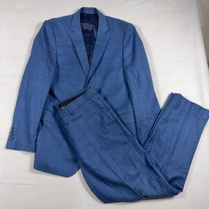 Alain Dupetit Men Blue Plaid Windowpane 2 Piece Suit 38R 32W Tetron Rayon Slim